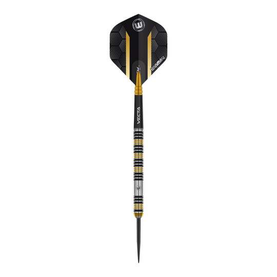 Abgebildet sind die Winmau Team 360 Nicholai Bado Steeldarts mit einem Gewicht von 23g. Die Steeldarts sind ideal für professionelle Dartspieler.