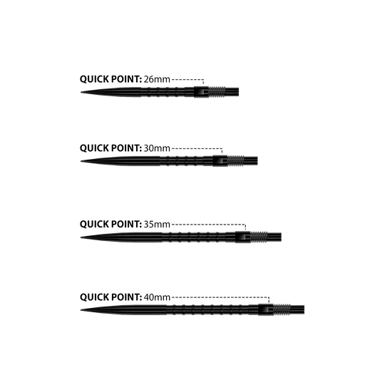 Końcówki do lotek Harrows Quick Point Heavy Metal – czarne Das Bild zeigt Harrows Quick Point Heavy Metal Dartspitzen in Schwarz. Sie sind robust und für präzise Würfe geeignet.