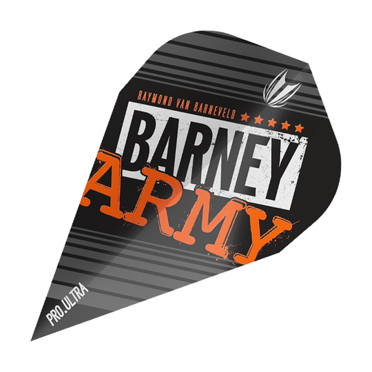 Das Bild zeigt ein Dart-Flight mit der Aufschrift "BARNEY ARMY" in schwarzen, weißen und orangenen Farben. Oben steht "Raymond van Barneveld" und unten links ist "Pro.Ultra" zu sehen.
