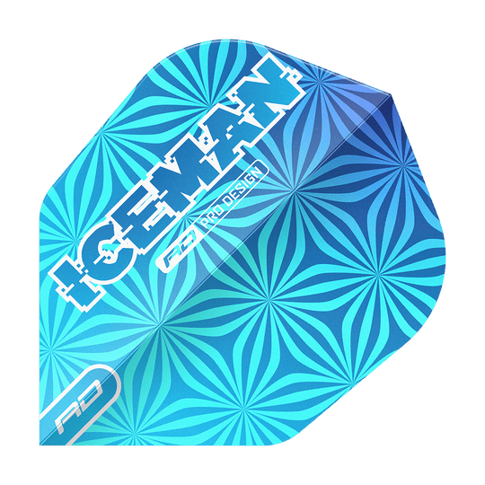 Red Dragon Gerwyn Price Iceman Niebieski No6 Loty Das Bild zeigt einen blauen Dart-Flight mit einem auffälligen geometrischen Muster. Auf dem Flight steht in weißen Buchstaben das Wort „ICEMAN“ sowie „RD PRO DESIGN“.