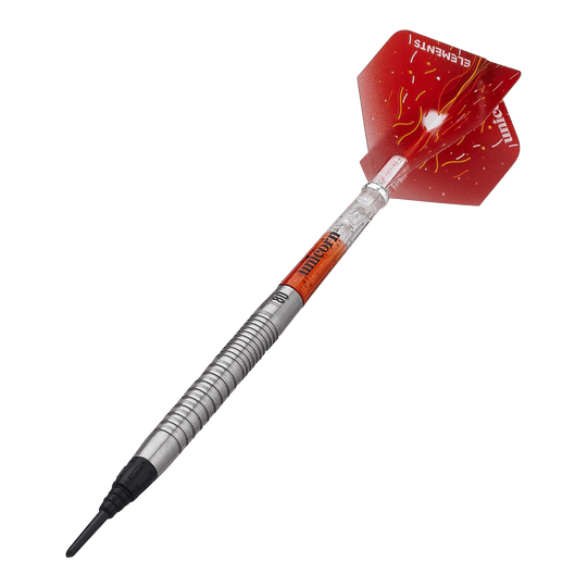 Unicorn Core XL Striker Style 1 Miękkie lotki - 19 g Das Bild zeigt einen Unicorn Core XL Striker Style 1 Softdart mit 19g Gewicht. Der Dart hat eine silberne, geriffelte Spitze und rote Flights mit einem auffälligen Design.