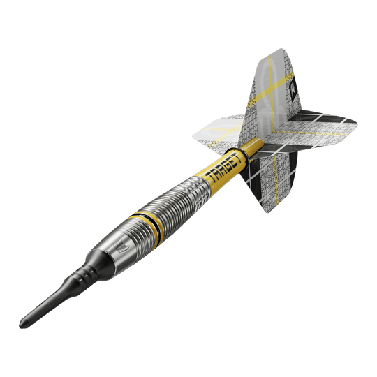 Lotki miękkie Target Scott Williams GEN2 - 18g Das Bild zeigt einen Target Scott Williams GEN2 Softdart mit einem Gewicht von 18 Gramm. Der Dart hat ein silbernes Barrel mit gelben Akzenten und einen schwarz-gelben Flight.