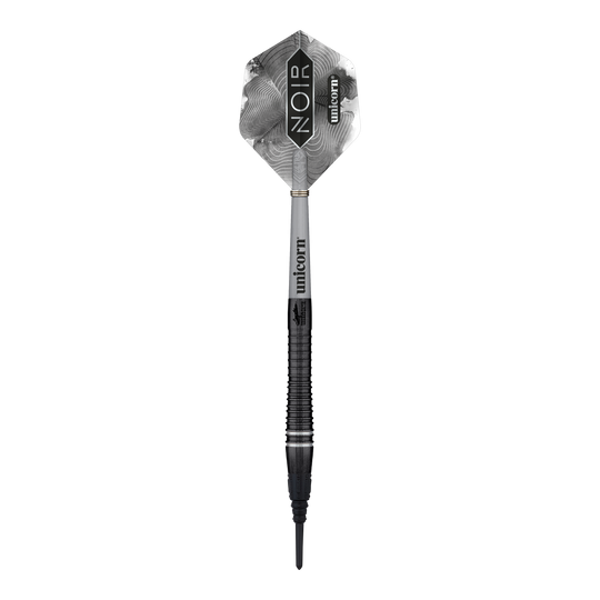 Mistrz Świata Jednorożców Gary Anderson Noir Phase 6 Soft Darts Das Bild zeigt einen Softdart aus der Produktreihe "Unicorn World Champion Gary Anderson Noir Phase 6". Der Dart hat ein schwarzes, elegantes Design mit der Aufschrift "Noir" und "Unicorn" auf dem Flight.