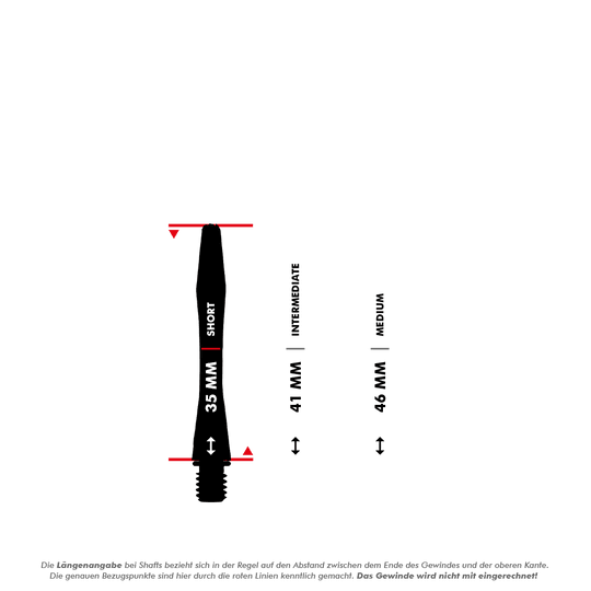 Das Bild zeigt die Längenangaben für Dart-Shafts mit den Größen Short (35 mm), Intermediate (41 mm) und Medium (46 mm). Die roten Linien markieren die Messpunkte, wobei das Gewinde nicht mit eingerechnet wird.