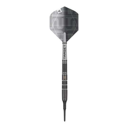 Das Bild zeigt einen Target Nathan Aspinall X Echo Softdart mit einem Gewicht von 18g. Der Dartpfeil ist überwiegend in Silber und Schwarz gehalten und hat eine moderne, geometrische Flugfeder.