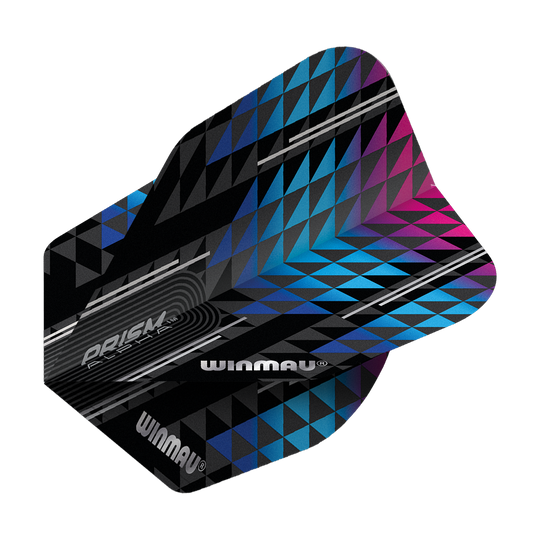 Dies ist ein Winmau Prism Alpha Blau Pink No6 Flight. Das Design zeigt ein modernes geometrisches Muster in Schwarz, Blau und Pink.