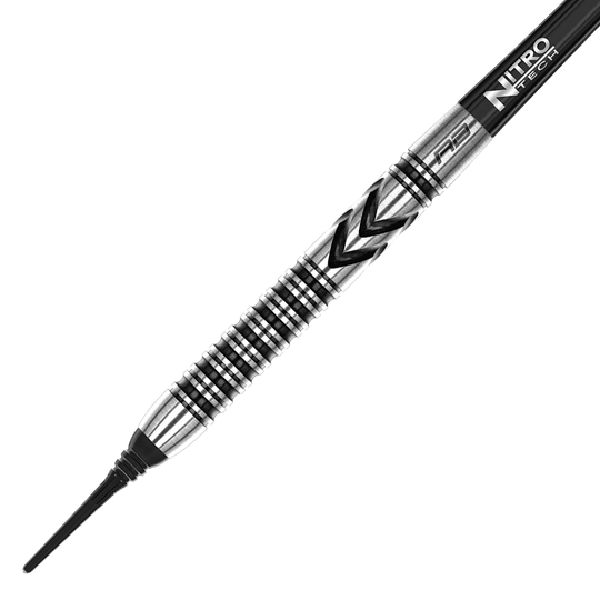 Das Bild zeigt den Red Dragon Gerwyn Price Thunderbolt Softdart mit einem Gewicht von 20g. Der Dart ist silberfarben mit schwarzen Rillen und einer markanten Gravur.