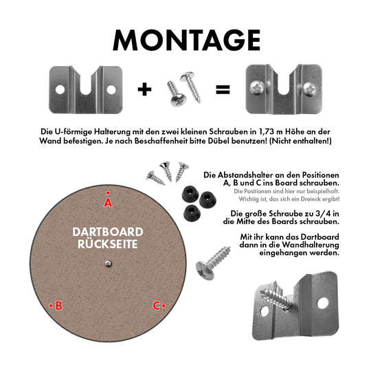 MCD19_QD8200630_McDart_Steeldartboard_Wandhalterung_2 Das Bild zeigt die XQMax Steeldartboard Wandhalterung mit allen benötigten Befestigungsteilen. Es wird anschaulich erklärt, wie die Halterung und die Abstandshalter am Dartboard angebracht werden.
