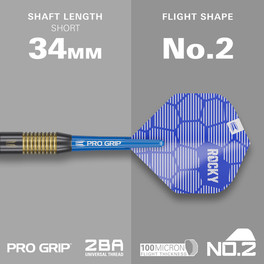 Target Josh Rock Brass Soft Darts - 18g Das Bild zeigt den Target Josh Rock Brass Softdart mit einem Gewicht von 18g. Der Dart hat eine kurze Schaftlänge von 34 mm und eine Flight-Form Nummer 2.