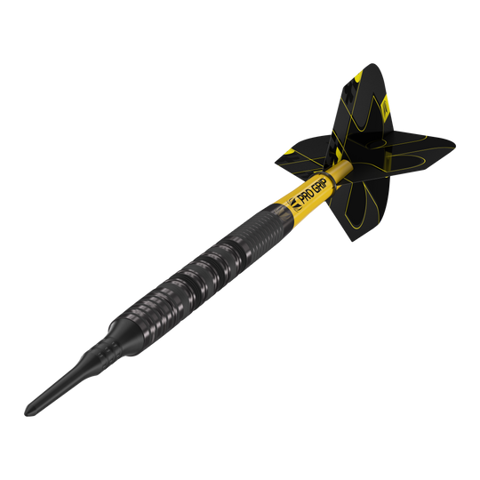 Target Bolide Void 10 miękkich rzutek Das Bild zeigt einen Target Bolide Void 10 Softdart. Der Softdart ist schwarz mit gelben Akzenten und hat eine strukturierte Griffzone.