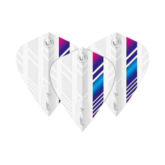 Loty latawcem Winmau Delta Biały Niebieski Fioletowy Das Bild zeigt drei Winmau Delta White Blue Purple Kite Flights. Die Flights sind überwiegend weiß mit blauen, lila und pinken Streifen.