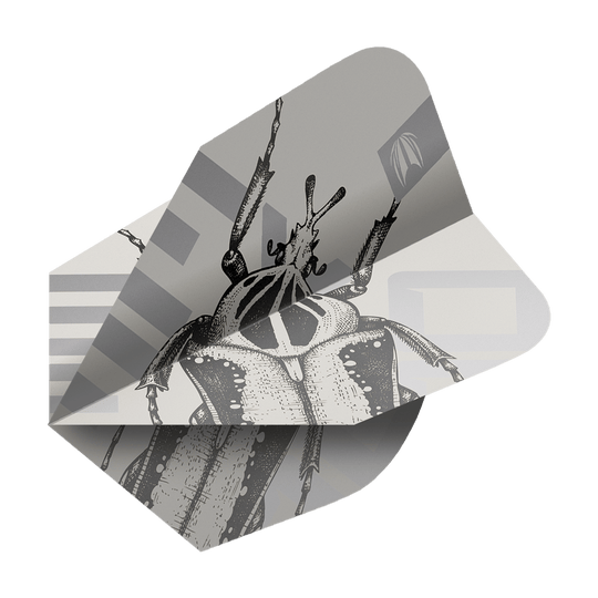 Target Pro Ultra Exo 2.0 Ten-X Flights - 3 serie Dieses Bild zeigt ein Dartflight-Set mit dem Namen "Target Pro Ultra Exo 2.0 Ten-X Flights - 3 Sets". Das Flight-Design ist in Schwarz-Weiß gehalten und zeigt eine detaillierte Zeichnung eines Käfers.