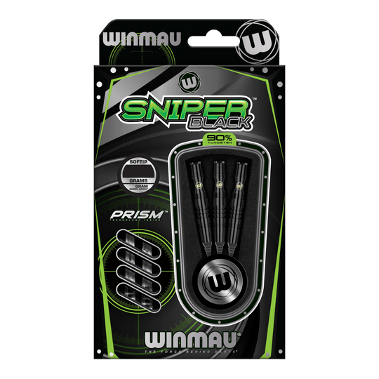 Miękkie lotki Winmau Sniper Black - 20g Die Abbildung zeigt die Winmau Sniper Black Softdarts mit einem Gewicht von 20g. Die Verpackung enthält drei schwarze Softdarts aus 90% Tungsten.