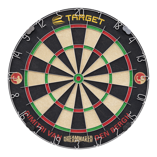 Zestaw tarcz stalowych Target Dimitri Van Den Bergh Das Bild zeigt eine Steeldartscheibe mit dem Namen "Target Dimitri Van Den Bergh Steeldartboard Set". Am unteren Rand steht der Schriftzug "Dimitri Van Den Bergh" und in der Mitte unten "Dreammaker".