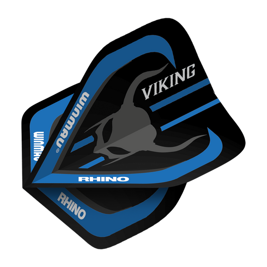 Das Bild zeigt die Winmau Andy Fordham Viking Rhino Flights für Darts. Die Flights sind schwarz mit blauen Akzenten und einem Wikingerhelm-Design.