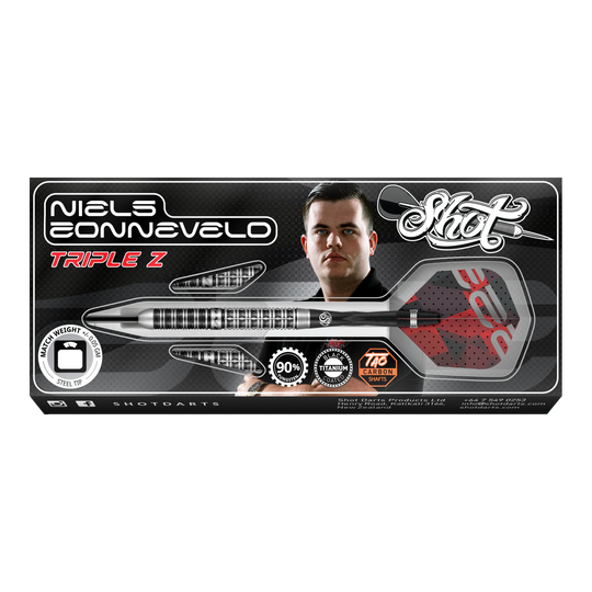 Strzelaj stalowymi rzutkami Niels Zonneveld V2 Auf dem Bild ist die Verpackung der "Shot Niels Zonneveld V2 Steeldarts" zu sehen. Die Verpackung zeigt einen Dartpfeil, das Logo und ein Porträt von Niels Zonneveld.