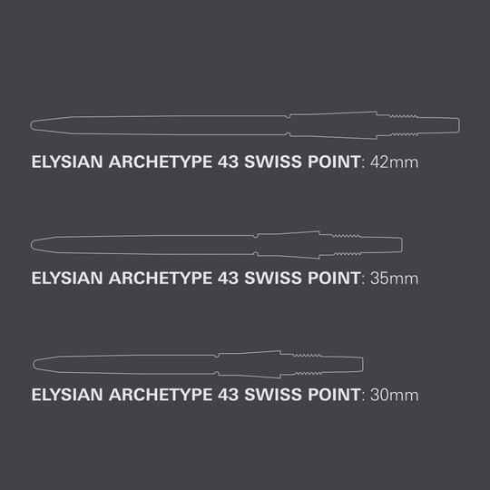 Groty do lotek Target Elysian Archetype 43 Swiss Point Steel – czarne Das Bild zeigt die Target Elysian Archetype 43 Swiss Point Steeldartspitzen in Schwarz. Die Dartspitzen sind robust und für professionelle Spieler geeignet.