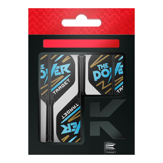 System wału lotniczego Target K-Flex Phil Taylor No2 Standard Das Bild zeigt eine Packung „Target K-Flex Phil Taylor No2 Standard Flights“. Die Flights sind überwiegend schwarz und weiß mit blauen und goldenen Akzenten und der Aufschrift „The Power“.