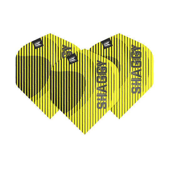 TG112_330220_Target_ProUltra_Scott_Williams_No2_Standard_Flights_1kYIzvzOQJdrFm Das Bild zeigt drei Dart-Flights mit gelben und schwarzen Streifen. Auf jedem Flight steht das Wort "SHAGGY" und das Target-Logo ist ebenfalls sichtbar.