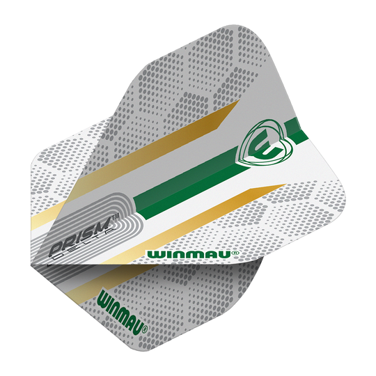 Auf dem Bild ist ein Dart-Flight des Modells "Winmau Prism Delta Xenon No2 Standard" zu sehen. Das Flight ist weiß mit grauen, goldenen und grünen Akzenten sowie dem Winmau-Logo gestaltet.
