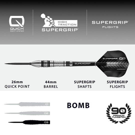 Lotki stalowe Harrows Supergrip Bomb Quick Point Dies ist ein Bild der Harrows Supergrip Bomb Quick Point Steeldarts. Die Steeldarts zeichnen sich durch ihren besonders guten Grip aus.