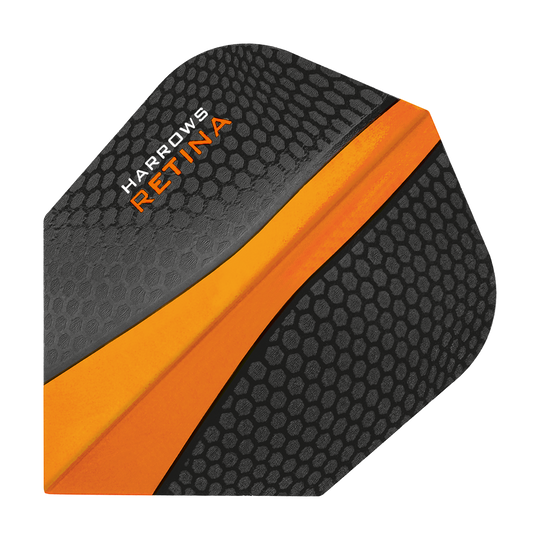 HR66_Harrows_Retina_Orange_No2_Standard_Flights_1 Dies ist ein Harrows Retina Orange No6 Flight für Dartpfeile. Das Design ist überwiegend schwarz mit einem auffälligen orangen Streifen und Wabenmuster.