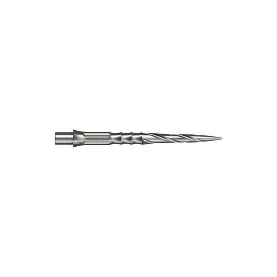 Stalowe groty do lotek Caliburn System - Spiro - NoLip - srebrne Hier sind silberne Steeldartspitzen des Caliburn Evo Systems mit Spiro-Design und 28 mm Länge abgebildet. Zwei dieser Spitzen liegen nebeneinander.