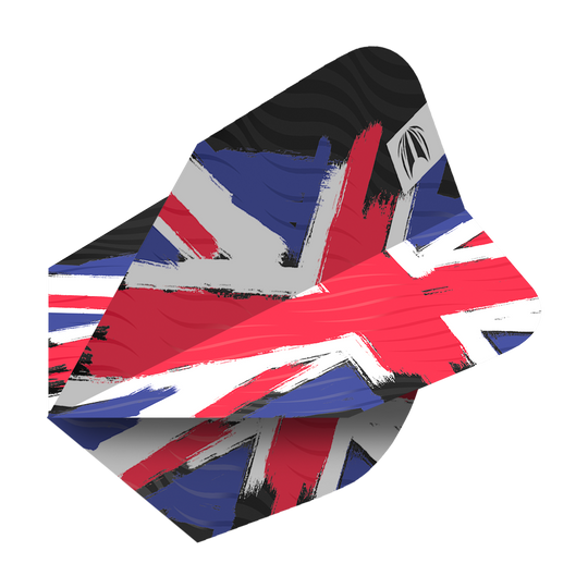 Auf dem Bild ist ein Dart-Flügel mit dem Design der englischen Flagge zu sehen. Es handelt sich um das Produkt "Target ProUltra Flag England Ten-X Flights".