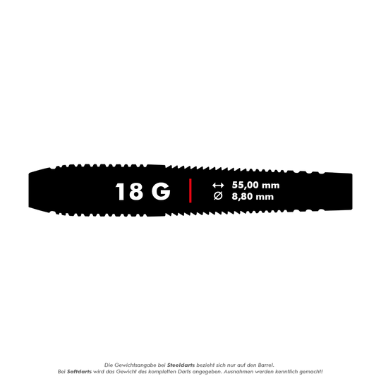 HA13968_Harrows_Blaze_Style_A_Softdarts_5_18g Das Bild zeigt die Produkteigenschaften der Harrows Blaze Style A Softdarts mit einem Gewicht von 18 Gramm. Die Darts sind 55,00 mm lang und haben einen Durchmesser von 8,80 mm.