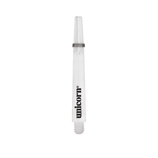 Unicorn Gripper 3 Mirage Shafts - Przezroczysty - 44,2 mm Das Bild zeigt einen klaren Unicorn Gripper 3 Mirage Shaft mit einer Länge von 44,2 mm. Auf dem Schaft ist das schwarze "unicorn" Logo zu sehen.