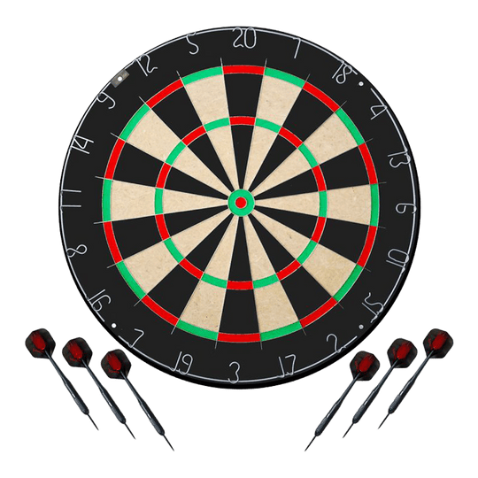 Das Bild stellt das Karella Dartboard BullOut Set mit zwei Sets Steeldarts dar. Es bietet alles, was man für ein direktes Dartspiel benötigt.