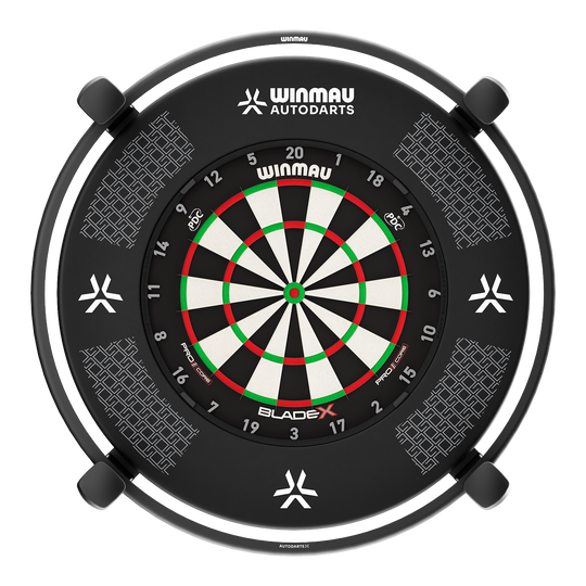 System automatycznego punktowania Winmau Autodarts X Gezeigt wird das Winmau Autodarts X Autoscoring-System. Das Gerät erleichtert das Zählen der Darts-Punkte durch seine automatische Erkennung.