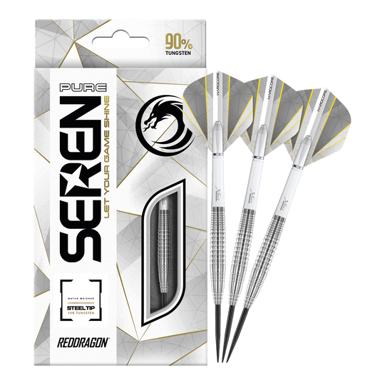 Red Dragon Seren 4 Czyste Stalowe Strzałki Das Bild zeigt die "Red Dragon Seren 4 Pure Steeldarts" mit einer eleganten Verpackung. Drei silberne Steeldarts mit weißen Flights liegen neben der Packung, die 90% Tungsten hervorhebt.