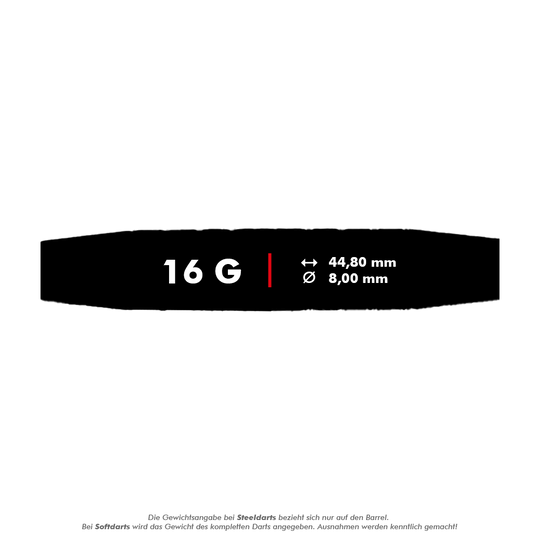 Lotki McDart 85 Tungsten V6 Soft Darts - 16g Das Bild zeigt die Produktinformationen zu den McDart 85er Tungsten V6 Softdarts mit einem Gewicht von 16 Gramm. Die Darts sind 44,80 mm lang und haben einen Durchmesser von 8,00 mm.