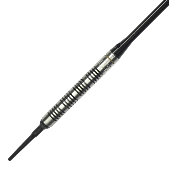 Softdarts McDart 85 Tungsten V17 - 16,5g Das Bild zeigt einen McDart 85er Tungsten V17 Softdart mit einem Gewicht von 16,5g. Der Dart hat ein silber-schwarzes, griffiges Barrel und eine schwarze Spitze.