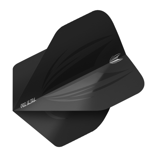 TG408_Target_ProUltra_ID_Black_No2_Standard_Flights_2 Das Bild zeigt das Produkt "Target ProUltra ID Black No2 Standard Flights". Es handelt sich um ein schwarzes Dart Flight mit dezentem Muster und weißem Aufdruck.