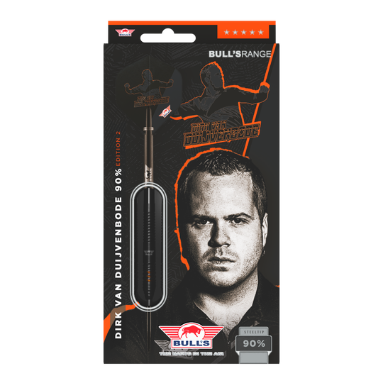 Bulls NL Dirk Van Duijvenbode Edition 2 stalowe rzutki Die Abbildung zeigt die Verpackung der "Bulls NL Dirk Van Duijvenbode Edition 2 Steeldarts". Auf der Verpackung ist ein Bild von Dirk Van Duijvenbode sowie ein Dartpfeil zu sehen.