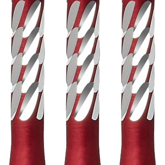 78990-Unicorn-Premier-Shaft-Red-Short Das Bild zeigt drei rote Aluminium-Schäfte für Darts mit silbernen Akzenten. Die Schäfte sind von der Marke Unicorn Premier.