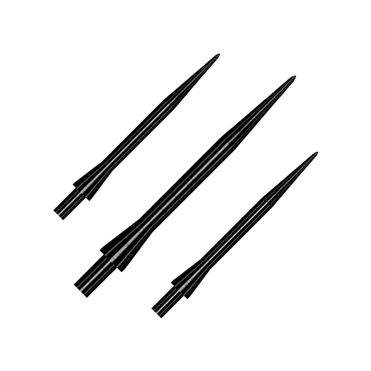 Końcówki do lotek Winmau Velocity Black ze stali - 30 mm Das Bild zeigt drei schwarze Steeldartspitzen des Modells "Winmau Velocity Black" in 30 mm Länge. Die Spitzen sind spitz zulaufend und metallisch glänzend.