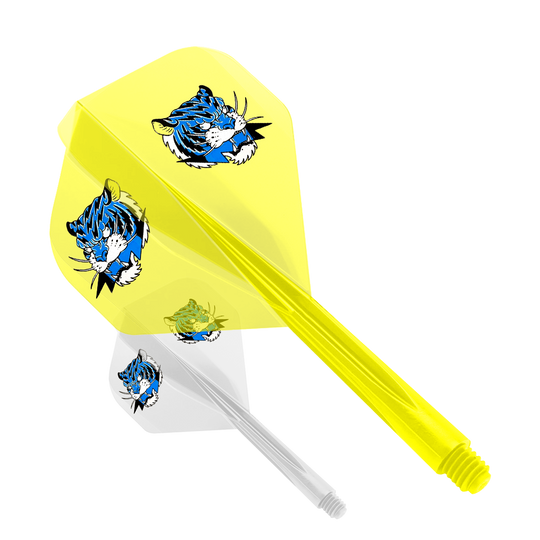 Das Bild zeigt das Produkt "Condor AXE Inazuma Tiger Mix Flight-System Yellow Clear - Small". Es handelt sich um einen gelben Dart-Flügel mit einem auffälligen Tigerkopf-Design.
