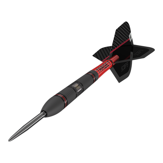 Stalowe lotki Target Scope 02 Swiss Point Das Bild zeigt den Target Scope 02 Swiss Point Steeldart. Der Dartpfeil hat ein schwarzes und rotes Design mit einer metallischen Spitze und schwarzen Flights.