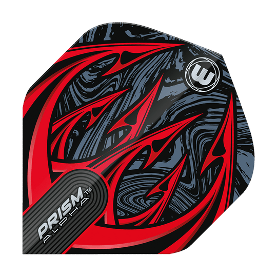 6915-195_Winmau_Prism_Alpha_Diablo_Standard_Flights_1xEMGQ1MIWV1Rk Das Bild zeigt ein Dartflight des Modells "Winmau Prism Alpha Diablo Standard Flights". Das Design ist auffällig mit roten, spitzen Mustern und einem schwarz-grauen Hintergrund.