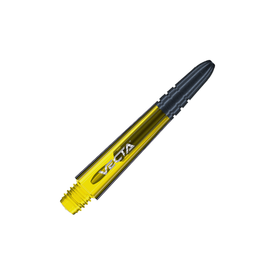 7025-106_Winmau_Vecta_Shafts_Gelb_34mm_2 Das Bild zeigt einen Winmau Vecta Shaft in der Farbe Gelb. Der Schaft hat ein modernes Design mit einer schwarzen Spitze und der Aufschrift "VECTA".