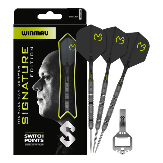 Winmau Michael van Gerwen Signature Edition Punkty przełączające Steeldarts Das Bild zeigt die Winmau MvG Signature Edition Switch Points Steeldarts. Es handelt sich um hochwertige Steeldarts speziell für Profis und Sammler.