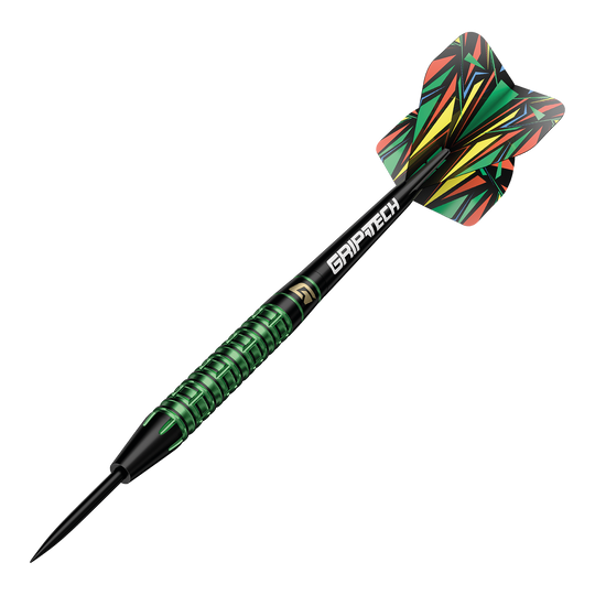 Auf dem Bild sind die GOAT Athlete Green Tungsten Steeldarts zu sehen. Es handelt sich um hochwertige Steeldarts mit grünem Akzent.