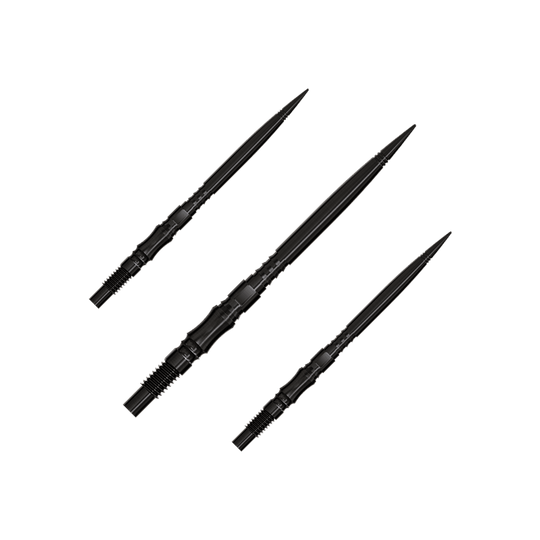 Harrows Quick Point Axis Elite Series Dartspitzen - Schwarz Axis Black Elite Series Dartspitzen in 35mm werden gezeigt. Die Spitzen sind schwarz und filigran.