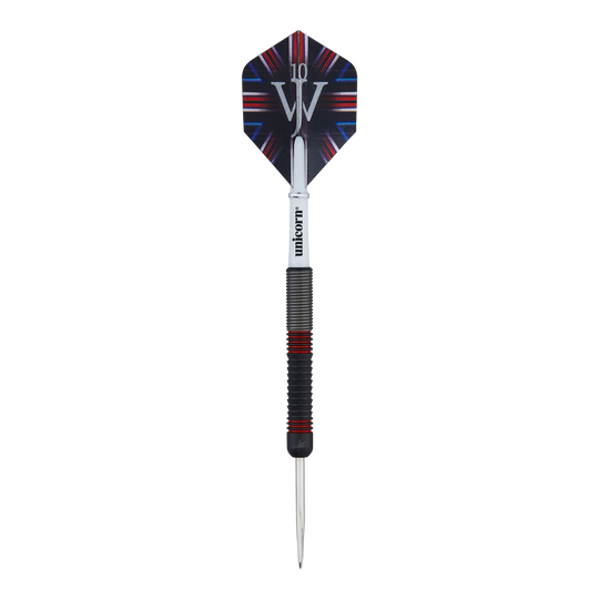 Unicorn The Machine James Wade 80% stalowe rzutki Das Bild zeigt einen Steeldart-Pfeil des Modells "Unicorn The Machine James Wade 80%". Der Dart hat einen schwarzen Schaft mit roten Akzenten und eine Flights mit dem Aufdruck "JW".