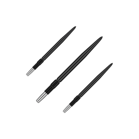 Końcówki do lotek Target Swiss Point Black Das Bild zeigt drei schwarze Dartspitzen mit silbernen Gewinden. Sie sind nebeneinander auf grünem Hintergrund angeordnet.