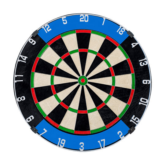 MCDB_Dartboard_mit_Wunschtext_HD_2 Das Bild zeigt eine klassische Dartscheibe mit farbigen Segmenten und Zahlen. Im äußeren blauen Bereich kann ein individueller Wunschtext eingefügt werden.