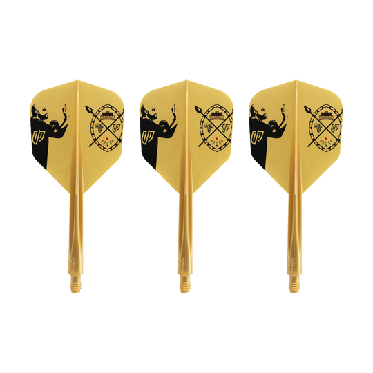 Condor AXE Devon Petersen Inspiration Flight-System - Small Das Bild zeigt drei gelbe Dart-Flights mit schwarzem Motiv und Aufdruck. Es handelt sich um das Produkt "Condor AXE Devon Petersen Inspiration Flight-System - Small".
